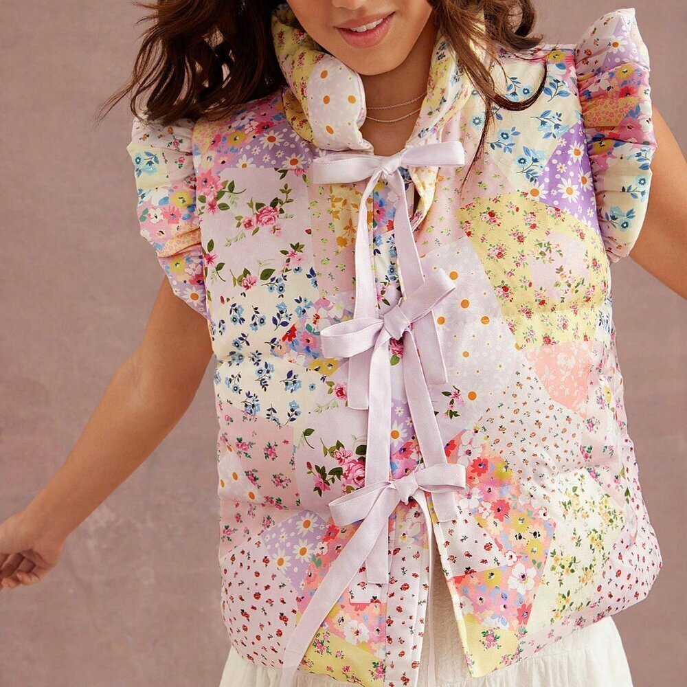 Multicolor Boho Women's flower Print Cute Bow Front Puffer Vest jacket - Picture 3 of 5